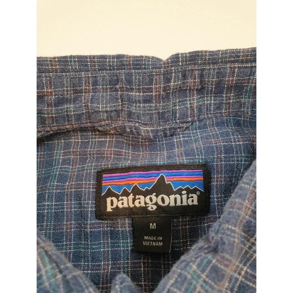 Patagonia Back Step Shirt Men's M Blue Plaid Short Sleeve Button Hemp Cotton - Picture 3 of 11